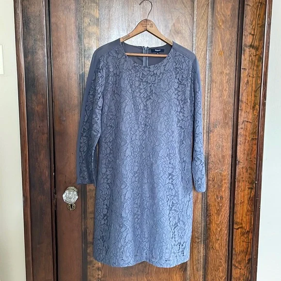 Madewell Long Sleeve Lace Shift Dress WMN 6 Blue Grey Lined Bodice Sheer  Sleeve